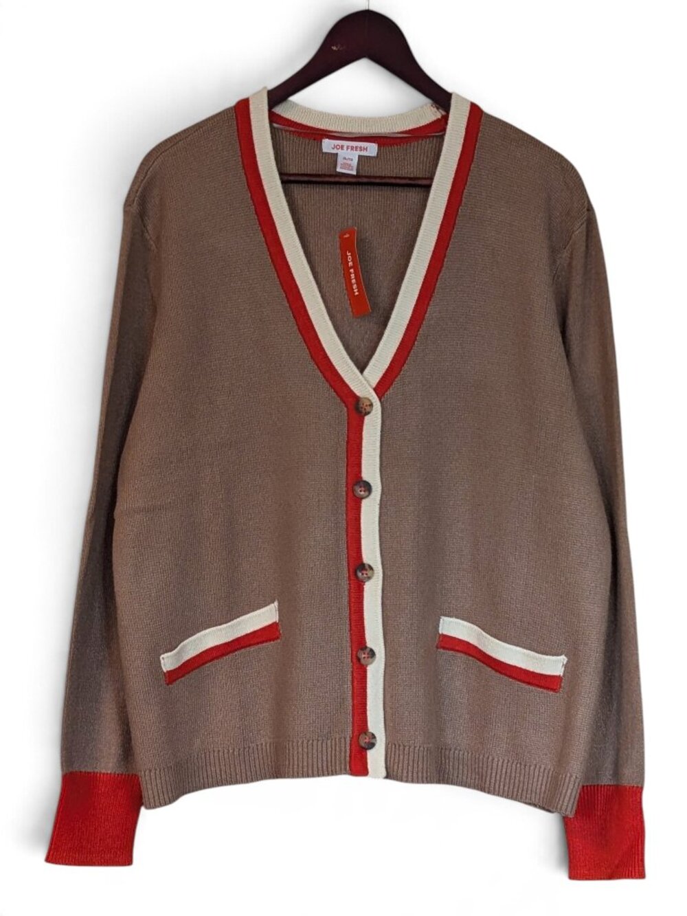 Joe Fresh Cozy Contrast Trim Beige Cardigan Sweater XL NWT